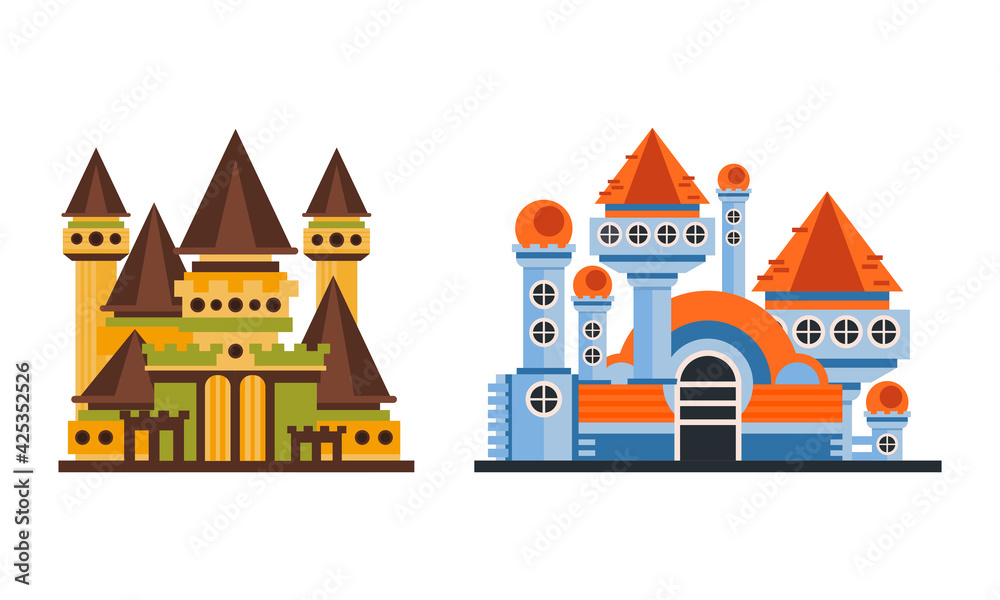 Poster fairytale castle towers set, ancient mansion facades cartoon vector illustration on white background