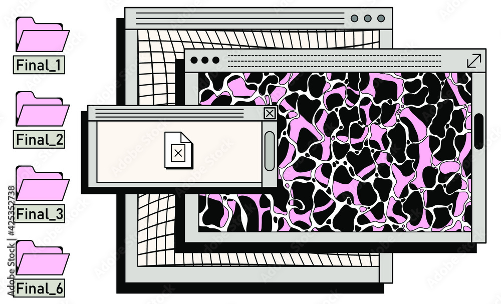 Fototapete Retro vaporwave desktop with message boxes and user interface elements. A conceptual illustration of website and application programming.