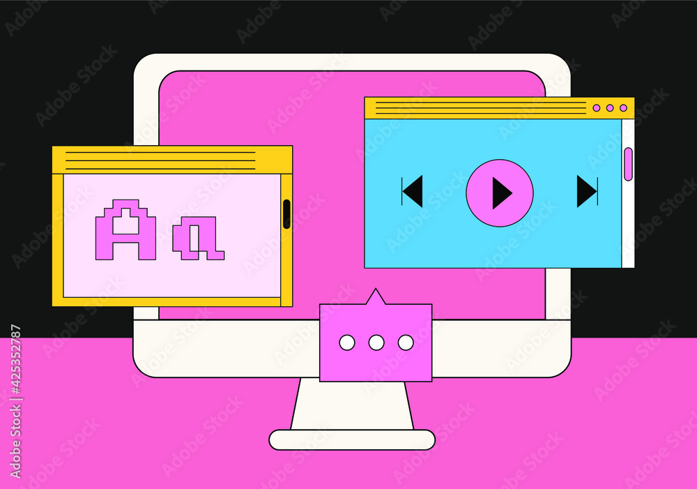 Poster Computer screen with programs and applications. Conceptual flat vector illustration of home office, UI and UX design and programming.