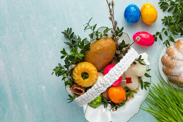Traditional Easter basket and decoration, top view