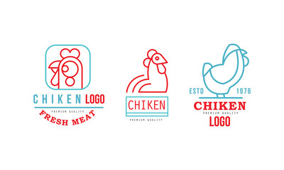 Fototapeta premium Fresh Chicken Meat Logo Design Templates Set, Organic Poultry Breeding Badges Cartoon Vector Illustration
