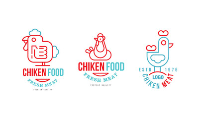 Chicken Food Logo Design Templates Set, Premium Quality Fresh Meat Badges Cartoon Vector Illustration