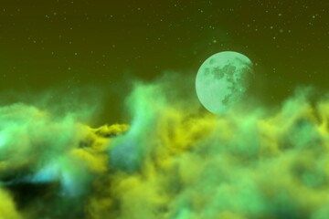 Obraz na płótnie Canvas misty clouds with moon with lights bokeh effect creative abstract background for decorating purposes