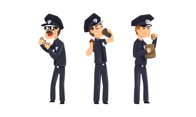 Male Police Officers Eating Donuts and Drinking Coffee, Policemen in Blue Uniform Having Lunch Vector Illustration