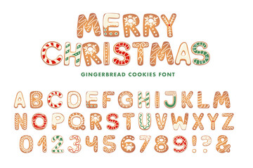 Christmas gingerbread cookies alphabet. Biscuit letters for xmas messages and design. Vector figures with sugar decorations.