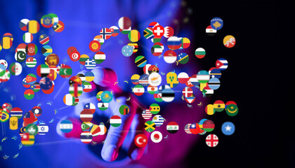 Foreign languages translation concept, online translator flags