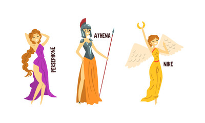 Persephone, Athena, Nike Olympian Greek Gods Set, Ancient Greece Mythology Vector Illustration - obrazy, fototapety, plakaty