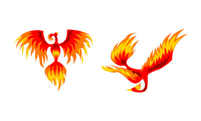 Set of Phoenix Firebirds, Mythical Fairy Tale Bird, Creature of Slavic Folklore Vector Illustration