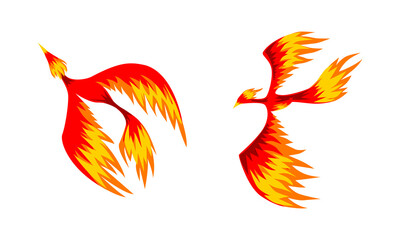 Set of Phoenix Firebirds, Mythical Fairy Tale Bird Vector Illustration on White Background