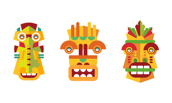 Native American Indian Totems Set, Wooden Tribal Ritual Objects Vector Illustration