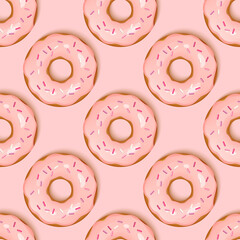 Donuts with pink icing and multicolored powder on a color background. 3d realistic food seamless pattern. Template modern design for poster, card, fabric, textile. Realistic vector illustration