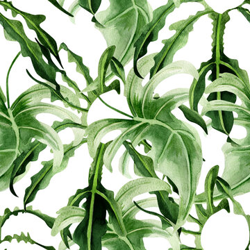 Tropical big leaves watercolor seamless pattern. Template for decorating designs and illustrations.