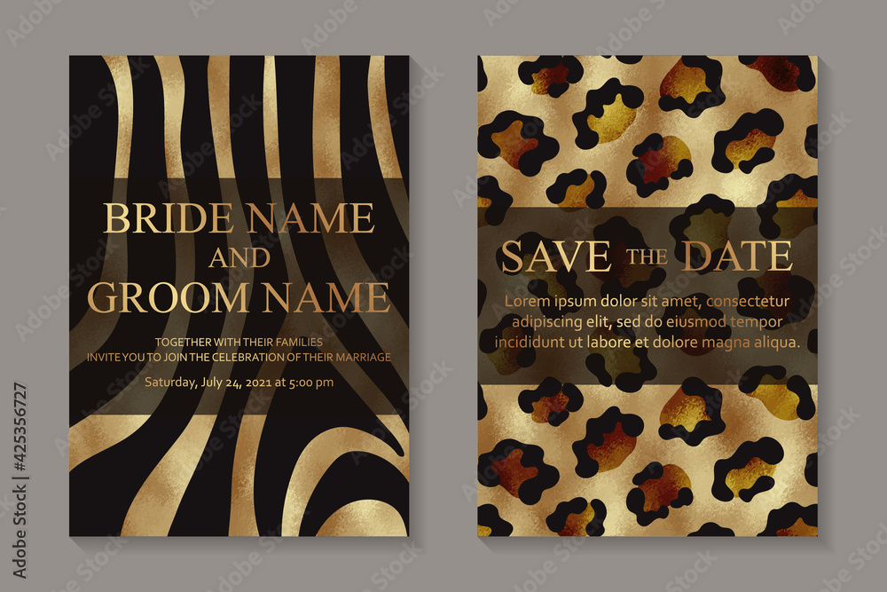 Wall mural Modern abstract luxury wedding invitation design or card templates for birthday greeting or certificate or cover with zebra's stripes and leopard stains on a golden texture.