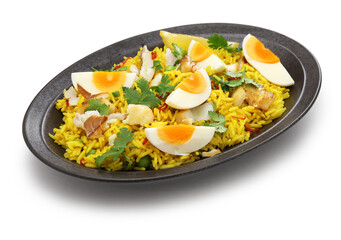 Kedgeree; spice rice with smoked haddock nad boiled eggs, homemade english breakfast
