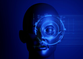3d illustration rendering, ai robot head bionic face with data internet network, deep learning...