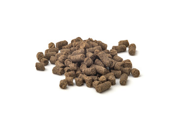 Heap of Sinking Pellet shrimp feed on white background.close up macro