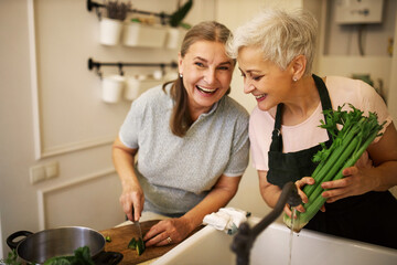 Indoor shot of charming retired sisters cooking lunch together at home waiting for guests. Cheerful mature woman in apron holding celery, cooking vegetable soup with her best friend, laughing