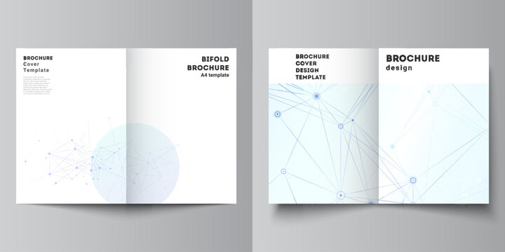 Vector layout of two A4 format cover mockups templates for bifold brochure, flyer, magazine, cover design, book design, brochure cover. Blue medical background with connecting lines and dots, plexus.