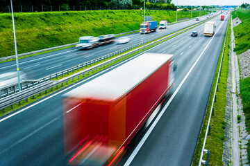 Trucks on six lane controlled-access highway in Poland