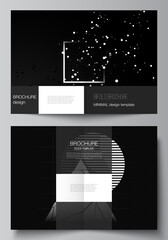 Fototapeta premium Vector layout of two A4 cover mockups design templates for bifold brochure, flyer, cover design, book design.Black color technology background. Digital visualization of science, medicine, tech concept