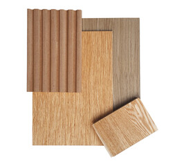 interior mood and tone board containg mdf corrugated panel ,oak wood veneer ,oak engineer flooring samples isolated on white background with clipping path. interior wooden material for finishing work.