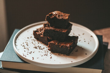 Closeup on plate with chocolate brownies