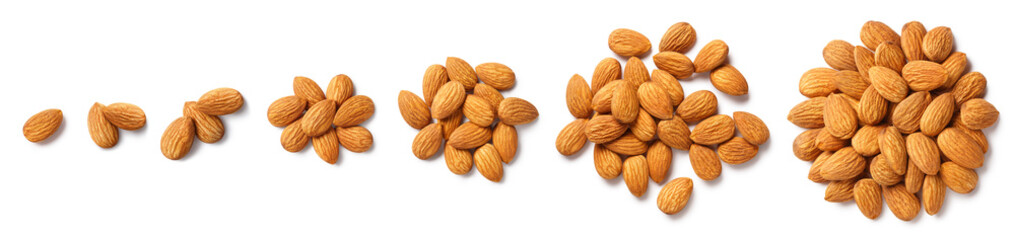 Big collection of almonds, isolated on white background