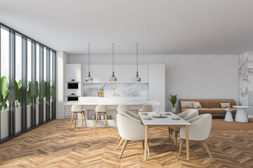 Bright modern studio apartment interior with dining table