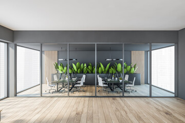 Dark modern minimalist office room interior with glass partition