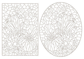 Set of contour illustrations in the style of stained glass with compositions of cacti, dark outlines on a white background