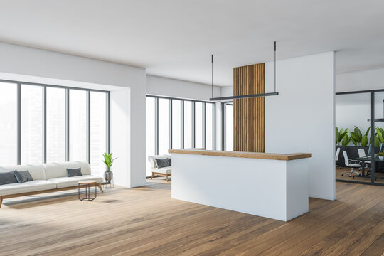 Bright minimalist office room interior with reception desk