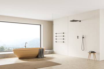 Fototapeta na wymiar Beige bathroom interior with shower, bathtub on concrete floor