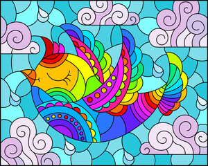 Illustration in the style of a stained glass window with a bright rainbow bird on a background of blue sky and clouds