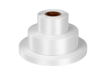 Top view tower of three coils of white satin ribbons of different sizes for labels or branding, isolated without shadows on a white background.