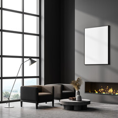 Grey room interior with fireplace, armchairs and lamp near window, poster