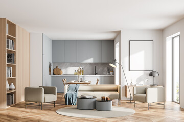 Bright modern kitchen room interior with cupboard and empty poster