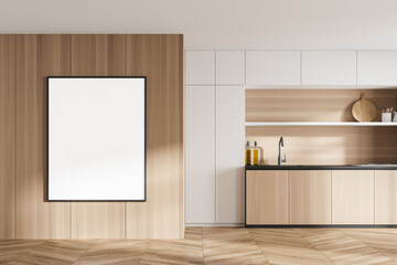 Fototapeta premium Bright cosy kitchen room interior with empty white poster