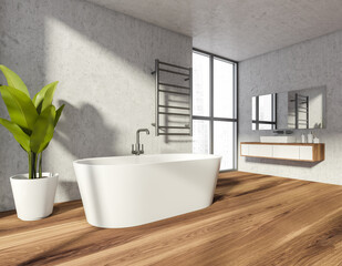 Naklejka na ściany i meble Bathroom interior with bathtub and sink, window and parquet floor
