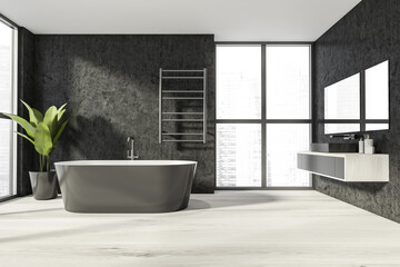 Fototapeta na wymiar Bathroom interior with bathtub and sink, window and parquet floor