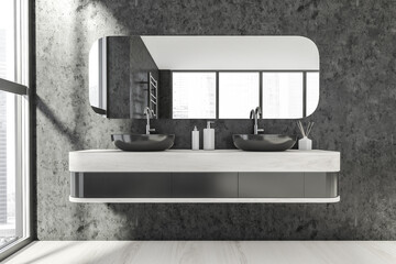 Bathroom interior with two sinks and mirror on dark grey wall near window