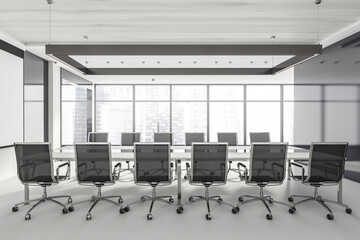 Conference room interior with furniture and and panoramic windows