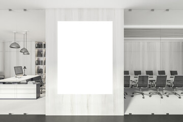 Business room interior, white manager and conference room, mockup poster