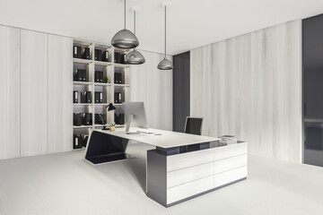 Business consulting room interior with furniture and shelf, mockup