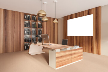 Business consulting room interior with furniture and shelf, mockup poster