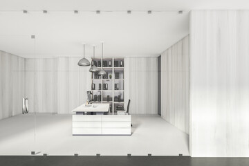 Light business private consulting room interior with furniture and shelf