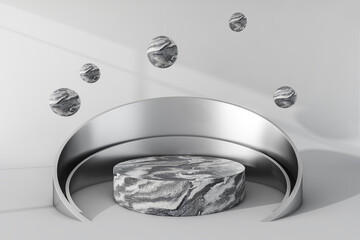 Marble podium and spheres with silver decoration for product display, mockup