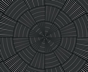  Abstract rotated white lines in circle form on black background. Geometric art. Design element. Digital image with a psychedelic stripes. Vector illustration