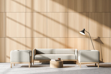 Bright waiting room interior with two comfortable armchairs and sofa