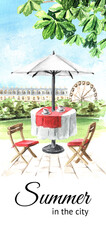 Summer street cafe in the city card. Watercolor hand drawn illustration, isolated on white background