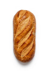 Loaf of homemade bread with a golden brown crust on a white